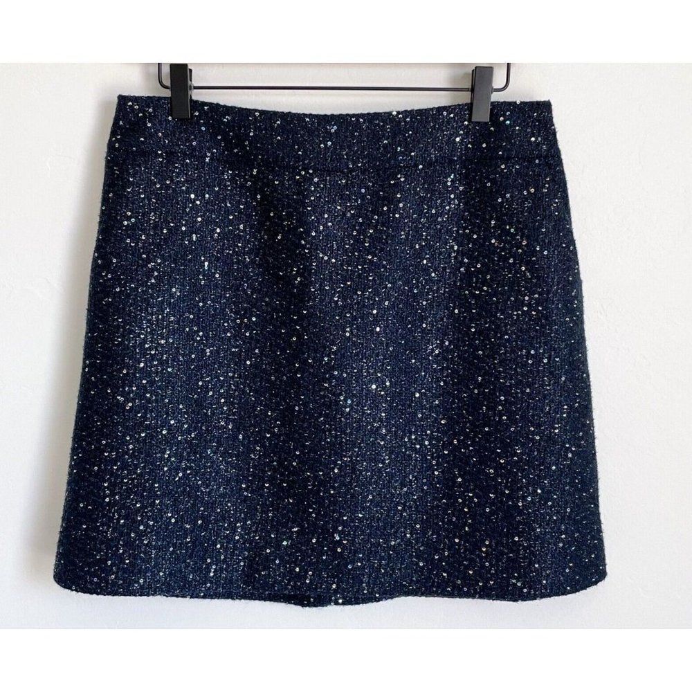 LOFT Navy Sequin, Tweed, Holiday Sparkle Embellished A-Line Mini Skirt, 0 petite